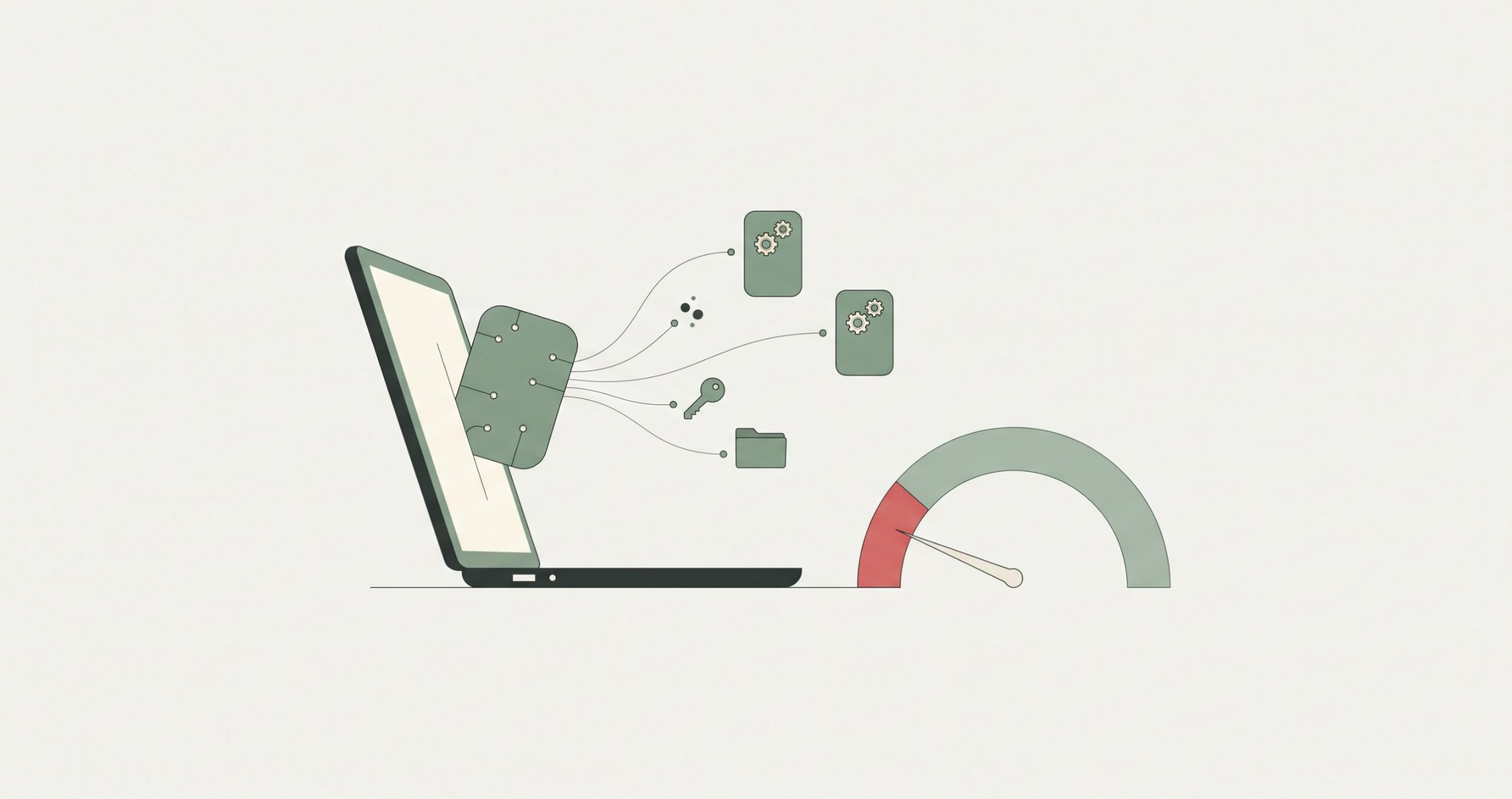 Illustration of an AI agent on a laptop reaching keys, files and other agents’ settings, next to a low score on a gauge.